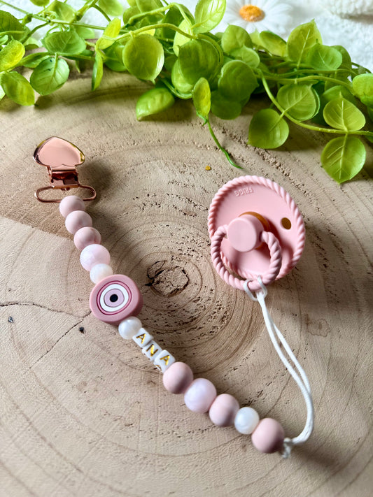 Attache tétine "Occhio rose"